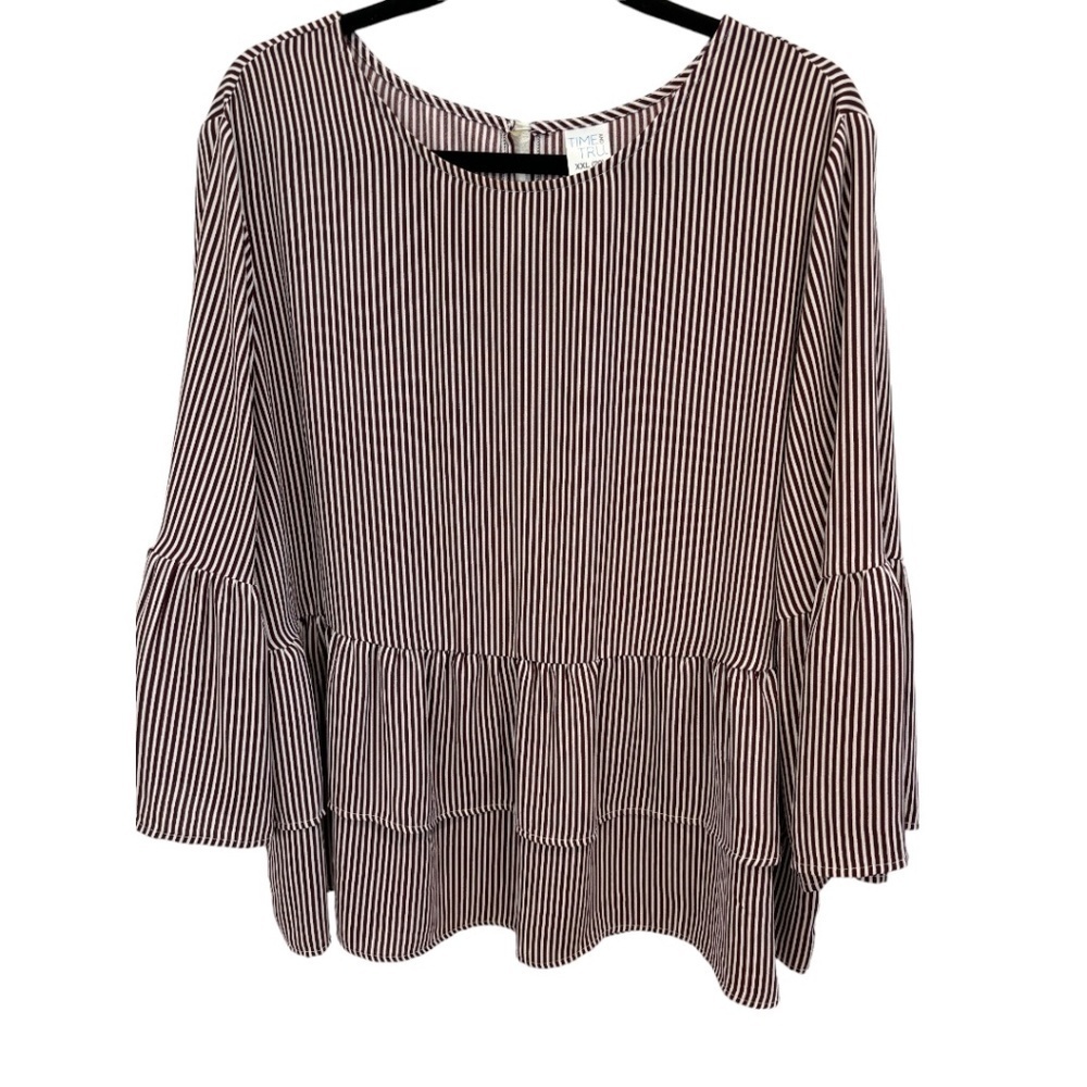 Time & Tru Plus Size Burgundy Stripe Bell Sleeve Ruffle Hem Top Size XXL